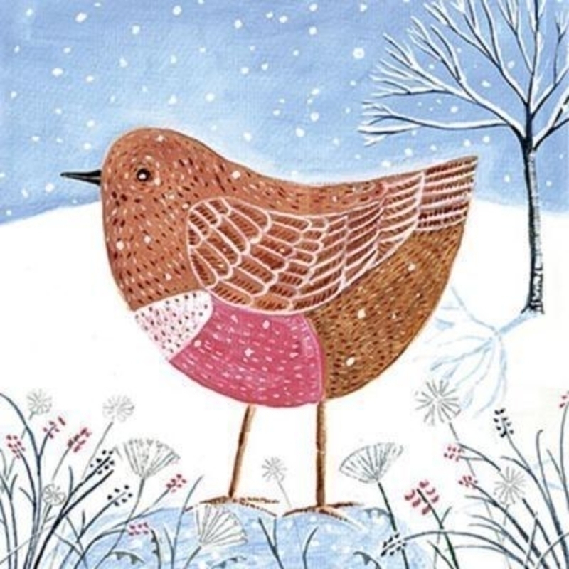 Box of 10 Charity Christmas Cards - Robin in winter Comes with red envelopes. Printed design of a robin in snow scene. In aid of British Heart Foundation - 10% of price. 'Merry Christmas and a Happy New Year' on the inside. Christmas card size 14.5x14.5cm